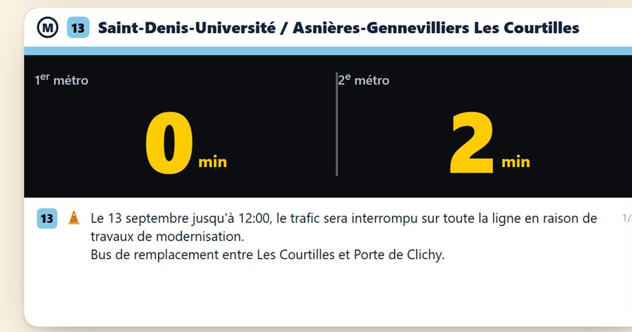 Panneau métro ligne 13 avec bandeau info-trafic : bus de remplacement